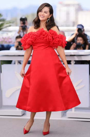 Selena Gomez custom red off-the-shoulder Giambattista Valli dress